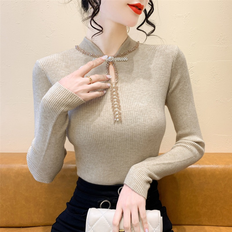 实拍2025秋冬重工钉钻半高领新中式盘扣泡泡袖针织衫毛衣女打底衫