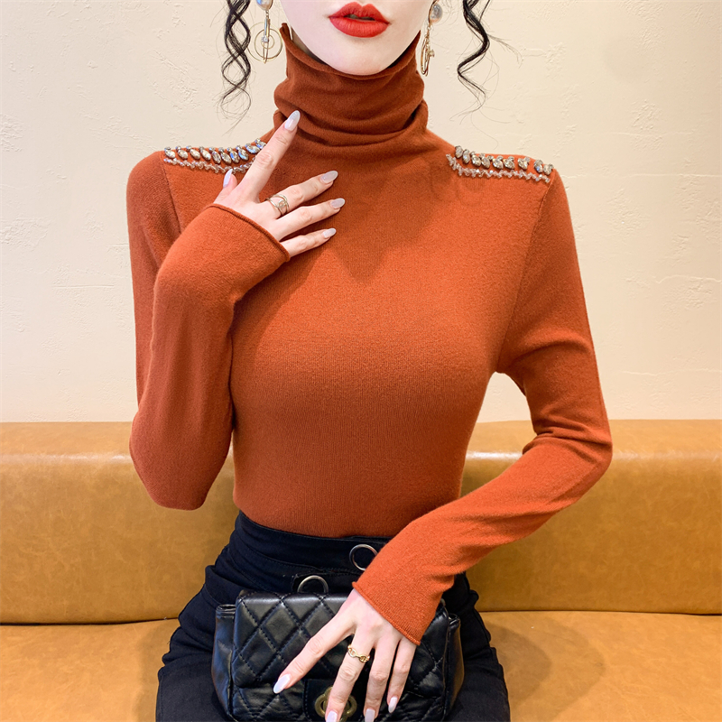 实拍  重工订钻高领修身针织衫秋冬新款气质上显瘦档次毛衣打底衫