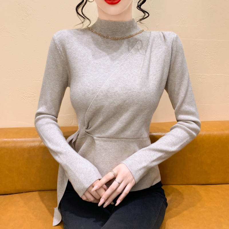 实拍 假两件套半高领钉钻针织衫2025秋冬内搭打底衫绑带收腰上衣