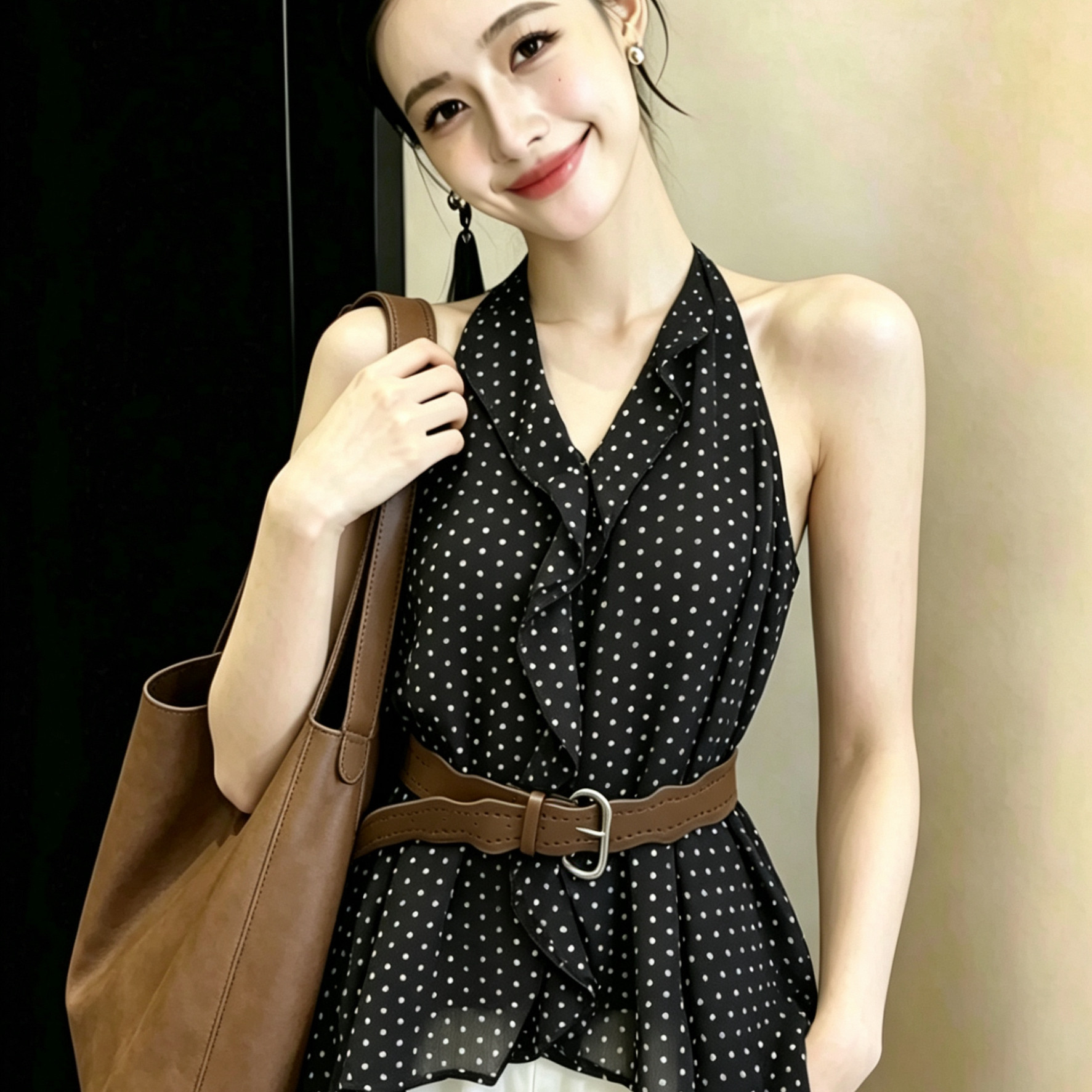 韩系波点飘带衬衫女2026夏季新款宽松显瘦百搭荷叶边无袖小衫上衣