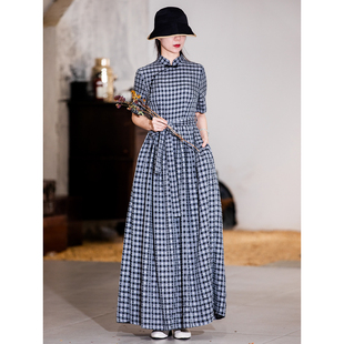 仙衣裾设计师黑灰格子连衣裙立领旗袍长裙修身大摆裙小个子女装夏