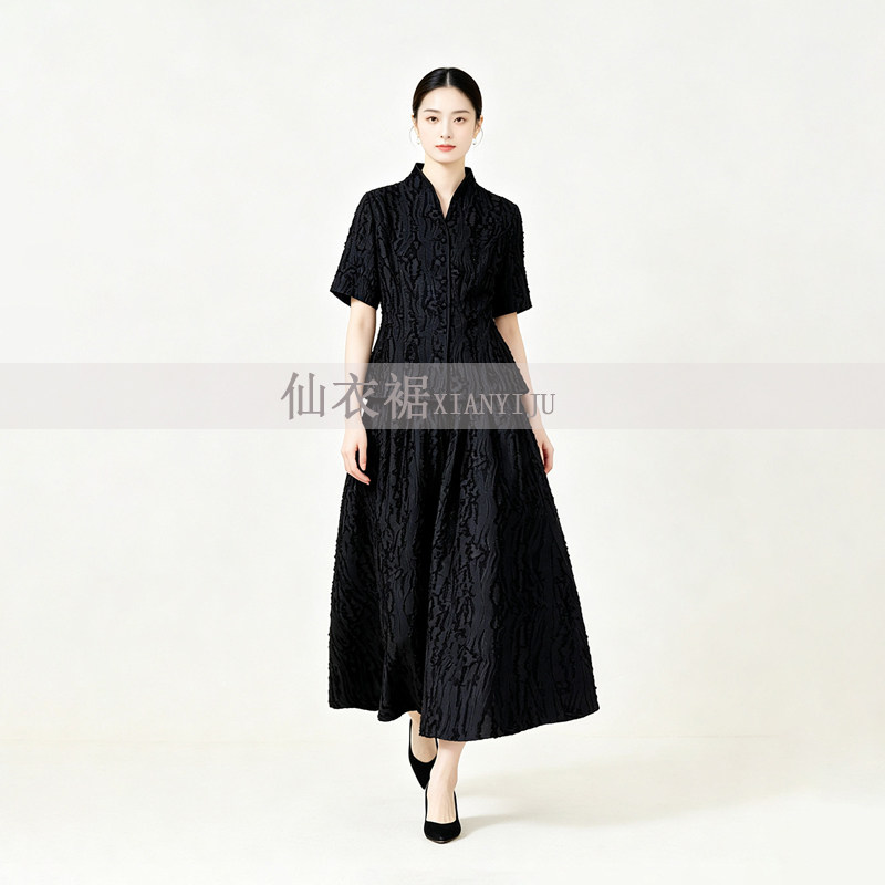 仙衣裾原创设计师黑色长裙两件套V领修身开衫裙丝麻剪花套裙女夏