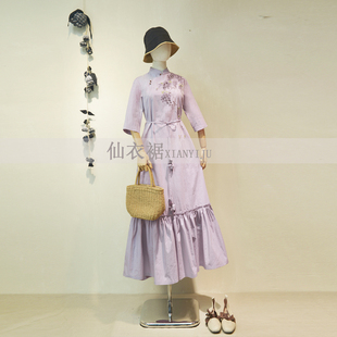 仙衣裾设计师款手绘紫藤花连衣裙女复古紫色气质显瘦高级感长裙新