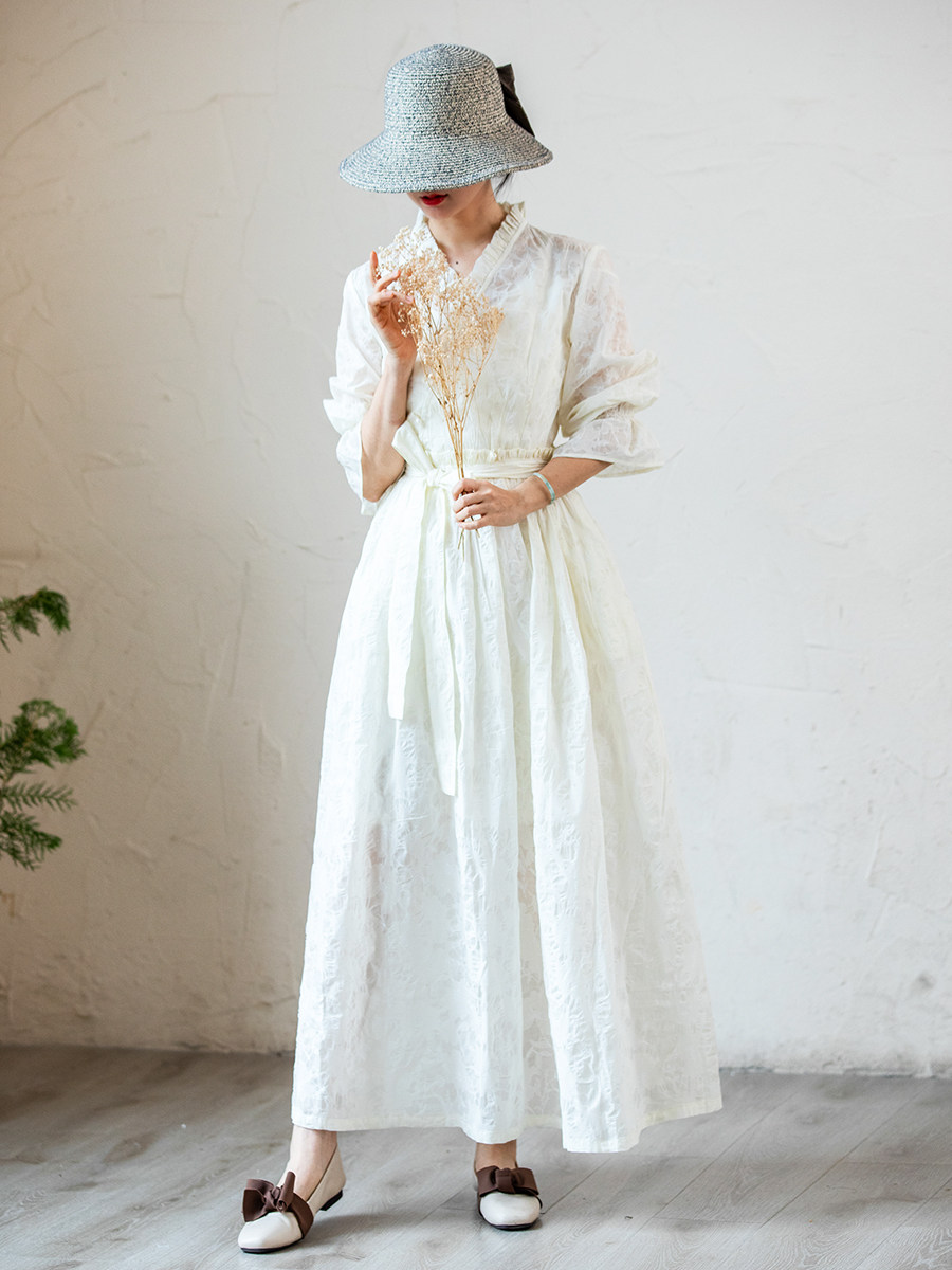 仙衣裾设计师套头清新优雅仙气杏色连衣裙肌理感高级修身长裙女新