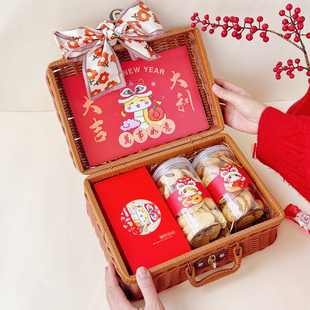 2026高档春节手提篮 马年新年礼盒 太妃糖果雪花酥饼干罐子包装盒