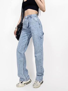 欧美风ins高腰直筒工装裤小众设计显瘦显高百搭拖地牛仔长裤女潮