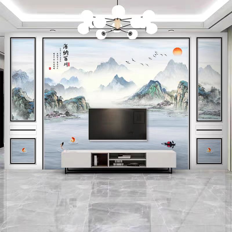 电视背景墙立体18D浮雕新中式山水壁画客厅影视墙壁布闪银布定制