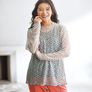 2025年秋日本代购女士半高领舒适蕾丝弹力通透套头打底衫 有大码