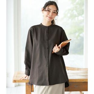 日本代购2025年秋季女士竖条纹后背系蝴蝶结雅致中长衬衫 有大码
