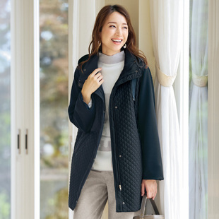 2025年秋季日本代购女士细碎钻石绗缝花纹连帽中长款棉服 有大码