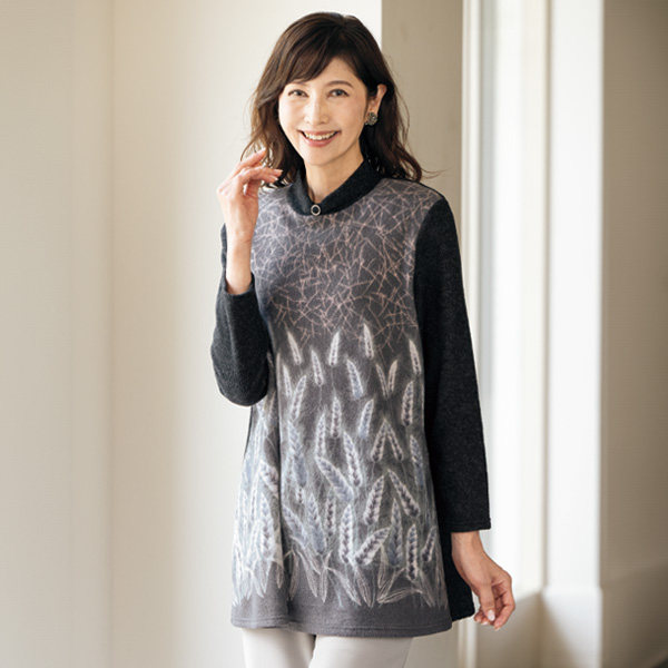 2025年秋季日本代购女别致植物印优雅感中长款起毛针织衫 有大码
