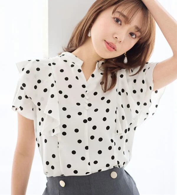 2024年春夏日本代购女士小立领圆点短袖褶边甜美衬衫 有大码