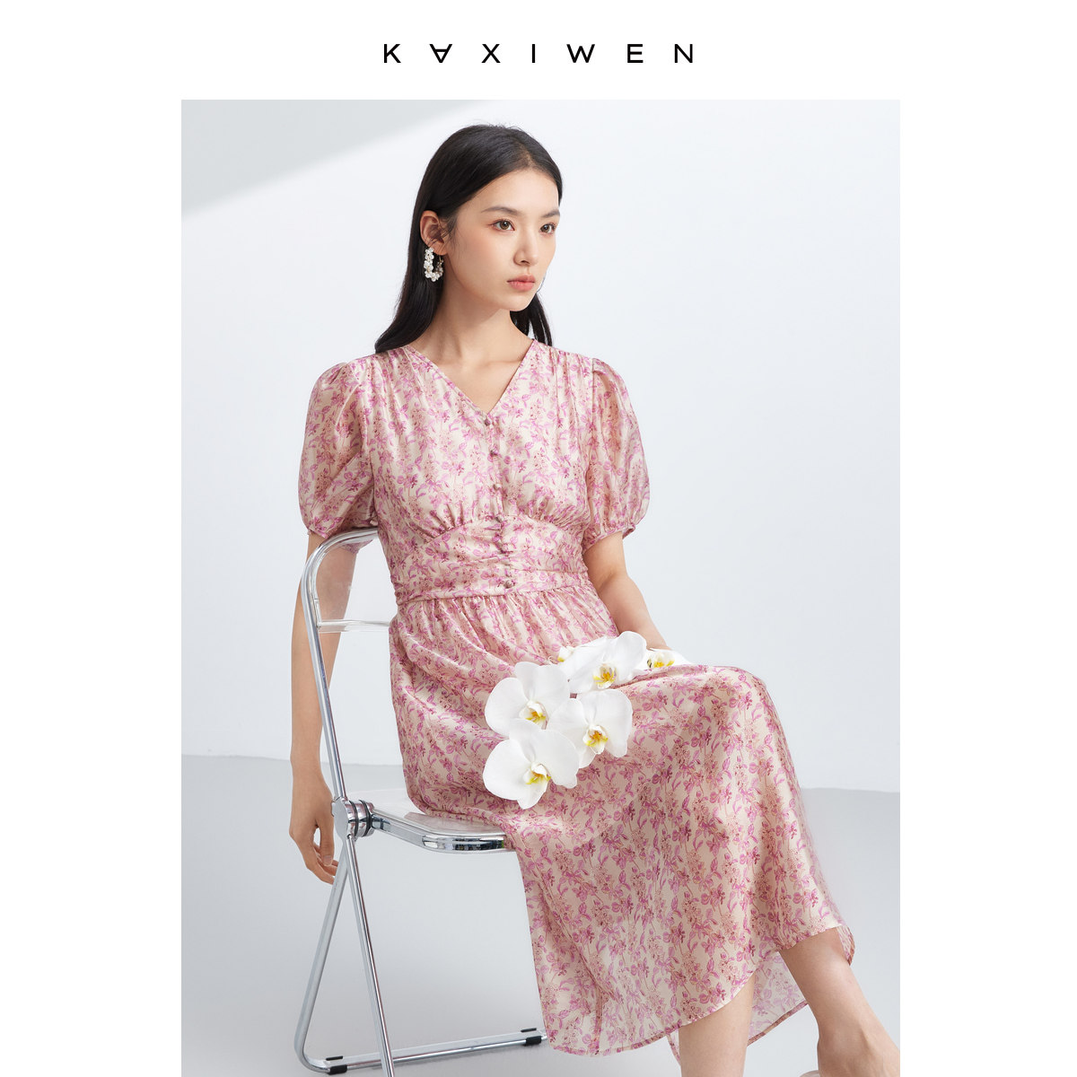 佧茜文连衣裙2023年夏季新款女装复古法式泡泡袖高腰碎花裙子女