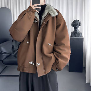 男式仿貂毛领夹克棉服宽松工装外套秋冬季加厚保暖潮牌街头纯色