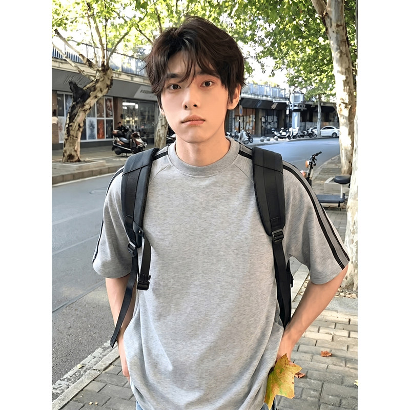 男士时尚百搭纯棉宽松美式高街拼接织带灰色圆领T恤潮流休闲短袖