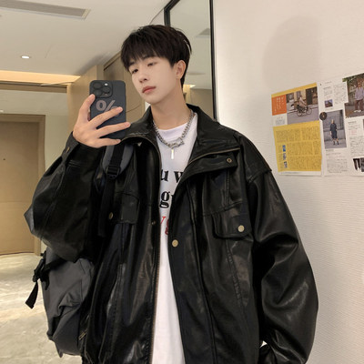 男士加棉加厚宽松工装皮衣夹克外套潮流时尚黑色拉链防风保暖上衣