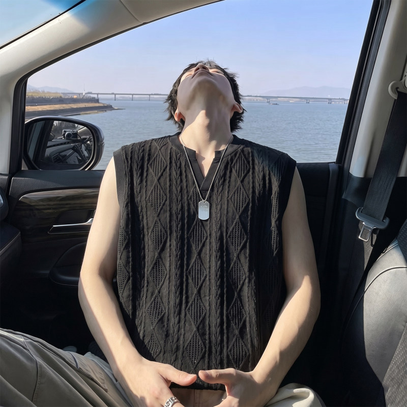 男士老钱风镂空网眼V领宽松无袖T恤韩版潮流休闲百搭透气针织背心