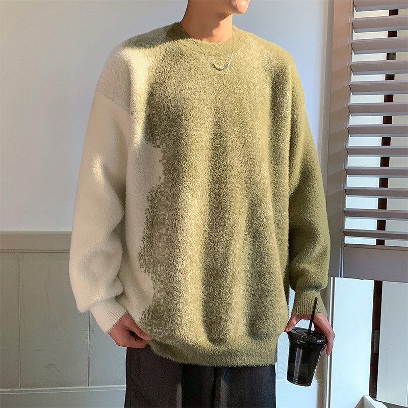 潮牌男装渐变提花针织衫毛衣春款貂绒材质水貂绒宽松大码男生外套