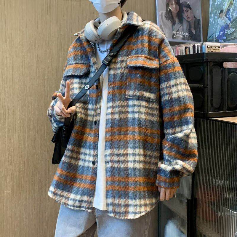 男款小香风毛呢格子衬衫慵懒原宿风潮流文艺气质百搭简约休闲衬衣