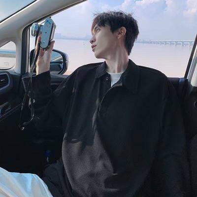 男士日系慵懒风假两件POLO衫男简约文艺气质百搭纯色长袖黑色上衣