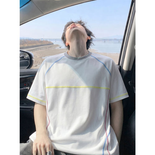 男士户外速干运动T恤拼接设计潮流宽松五分袖韩版简约百搭T恤