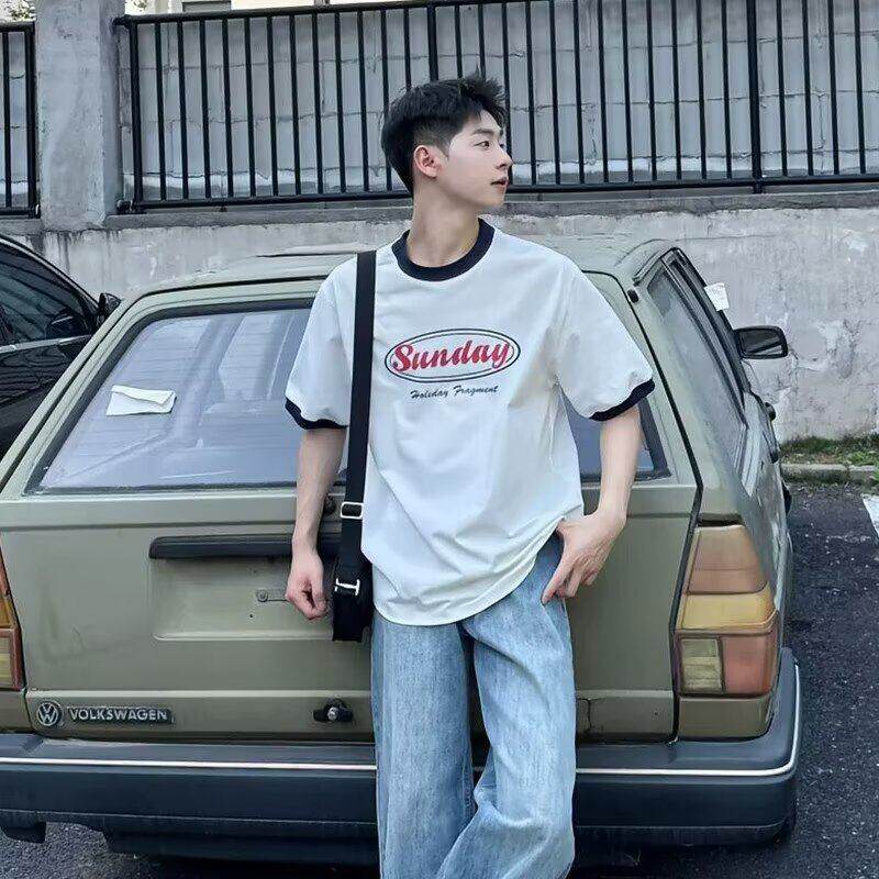 男士休闲宽松复古字母印花短袖纯棉T恤韩版潮流时尚百搭夏季上衣
