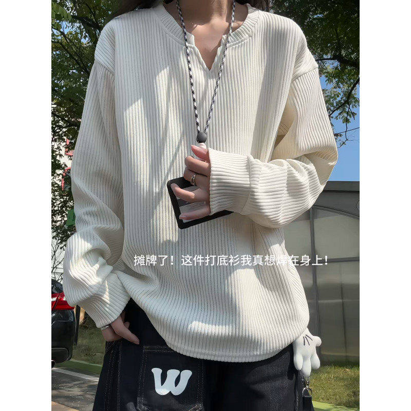 男士欧棉绒V领长袖T恤卫衣宽松纯色打底衫罗纹V口圆领上衣米白