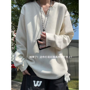 罗纹V口圆领上衣米白 T恤卫衣宽松纯色打底衫 男士 欧棉绒V领长袖