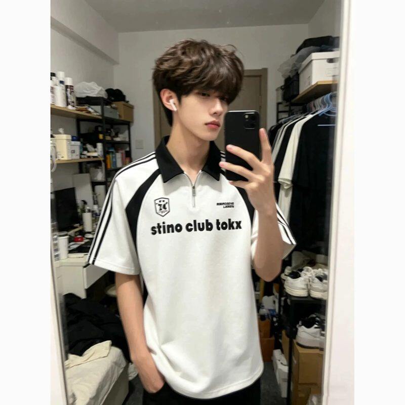 男款夏季韩版修身撞色条纹半拉链Polo衫短袖痞帅机车情侣款保罗衫