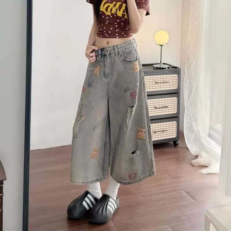 个性嘻哈破洞印花复古牛仔裤女直筒高腰阔腿百搭显瘦潮牛仔七分裤