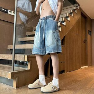男美式复古宽松阔腿直筒牛仔裤纯色ins风格潮流休闲系带牛仔短裤