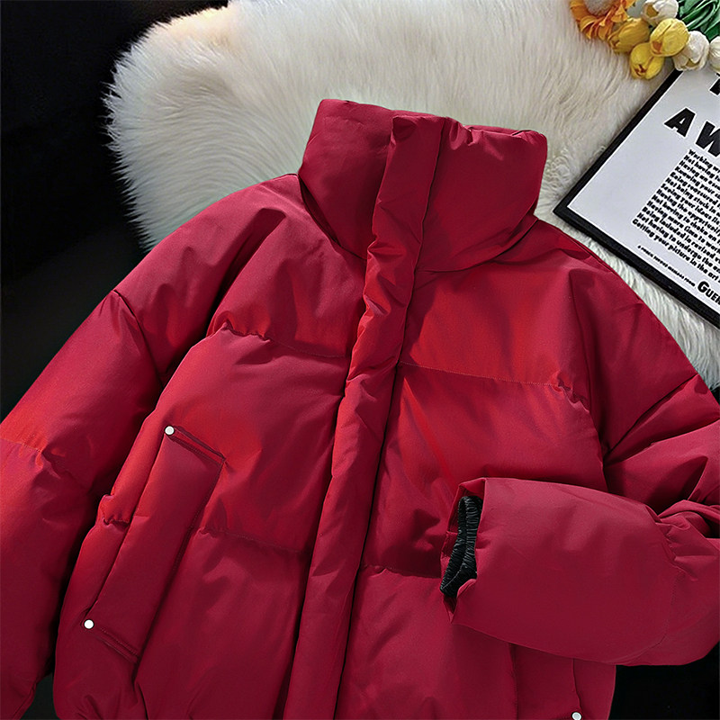 男士冬季短款立领加厚保暖羽绒棉衣纯色红色潮流中性风棉服外套