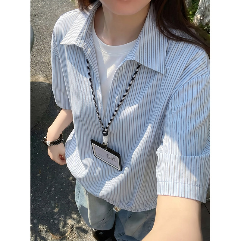 男夏季冰凉老钱风美式高街假两件条纹翻领T恤宽松短袖衬衫时尚潮T