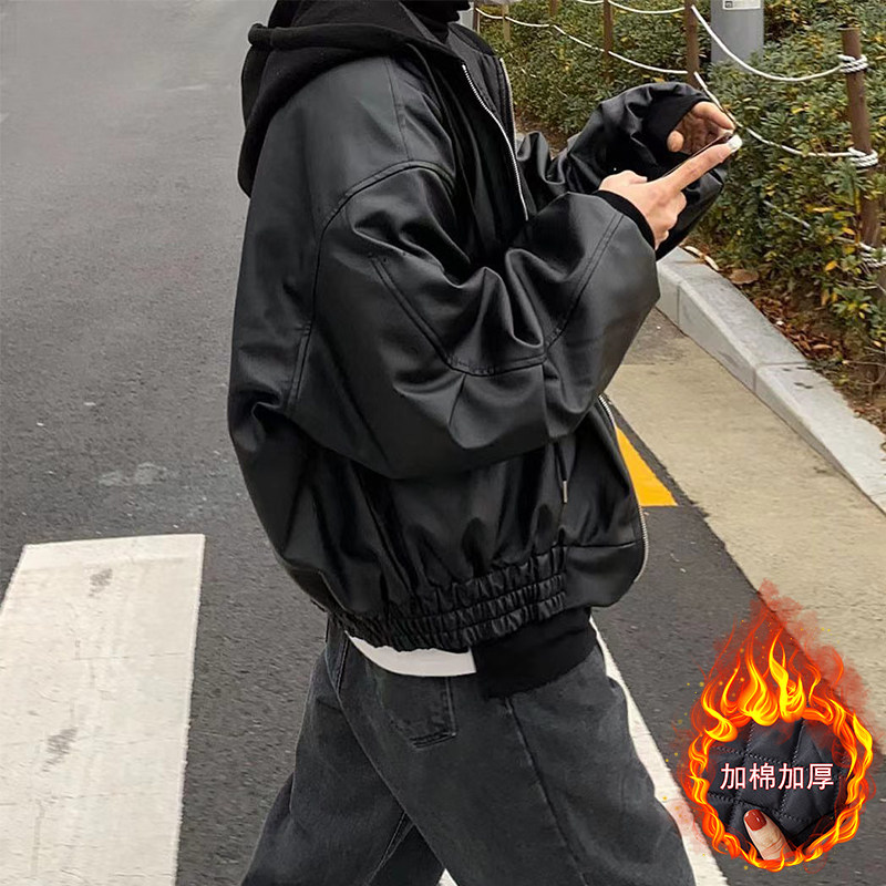 男士加厚机车皮衣夹克秋冬黑色宽松连帽外套加棉保暖休闲男士上衣