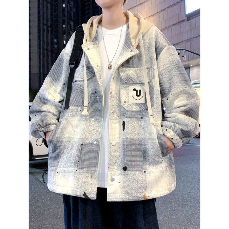 男款工装夹克连帽宽松休闲格纹印花拼色潮流上衣外套秋冬季新款