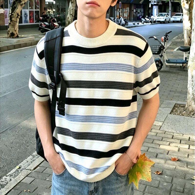 美式复古韩版男士条纹圆领短袖针织衫雅痞透气休闲百搭薄款毛衣