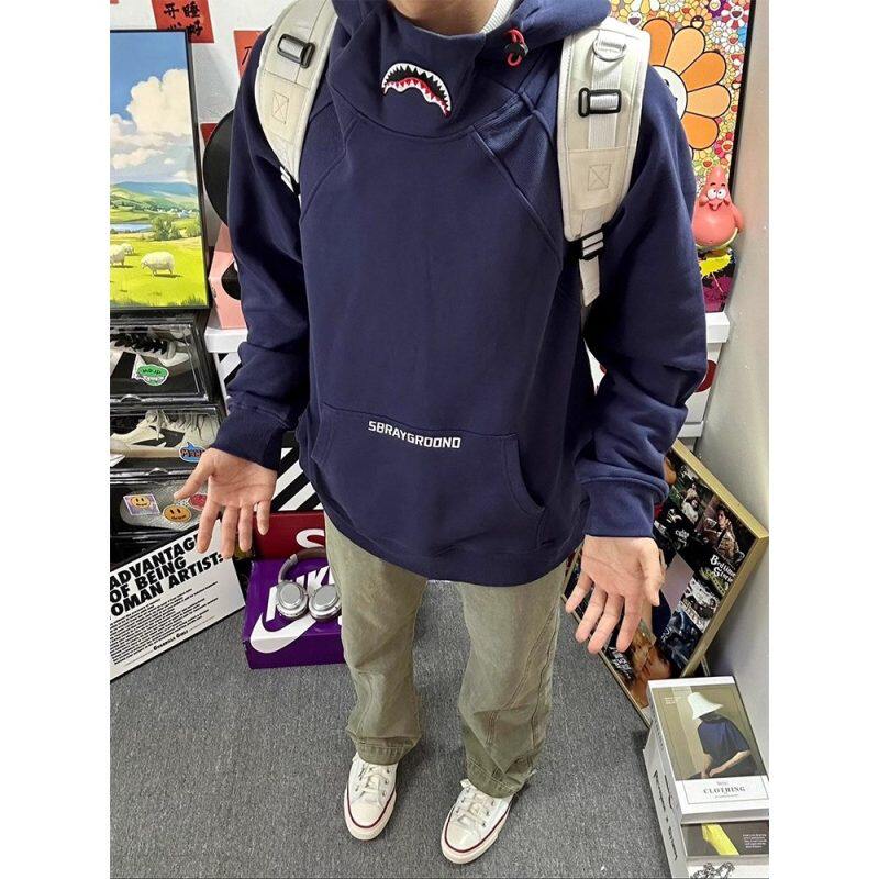 男款美式宇航领连帽卫衣鲨鱼刺绣图案宽松重磅套头外套休闲潮流