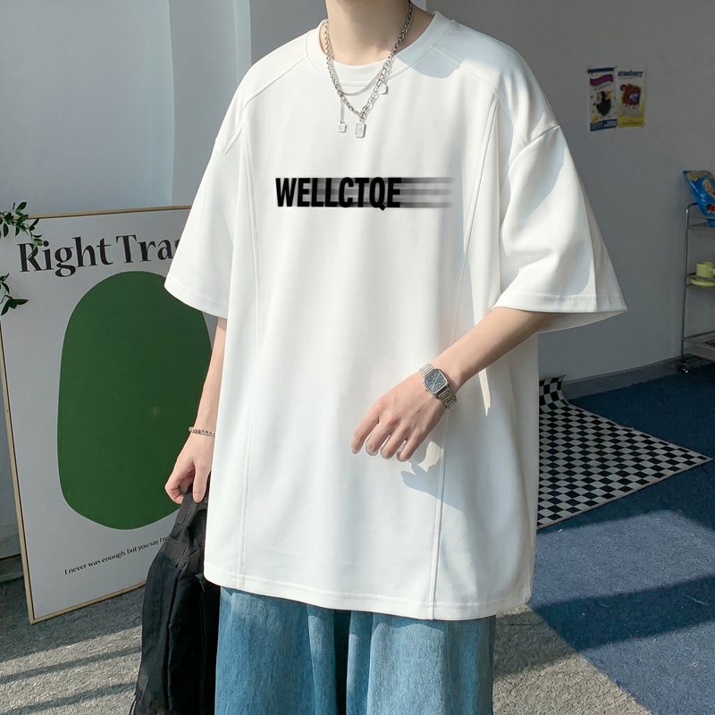 男士百搭韩版宽松冰丝印花白色短袖T恤夏季简约时尚潮流休闲半袖