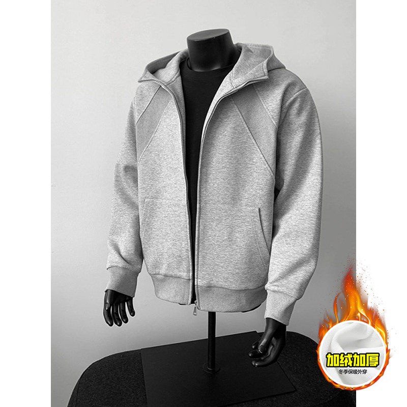 男款加绒双拉链卫衣硬挺boxy版型高街结构连帽开衫外套纯色保暖厚
