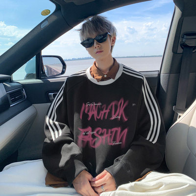 美式休闲男士加绒连帽卫衣外套宽松字母印花黑色长袖上衣潮流风格