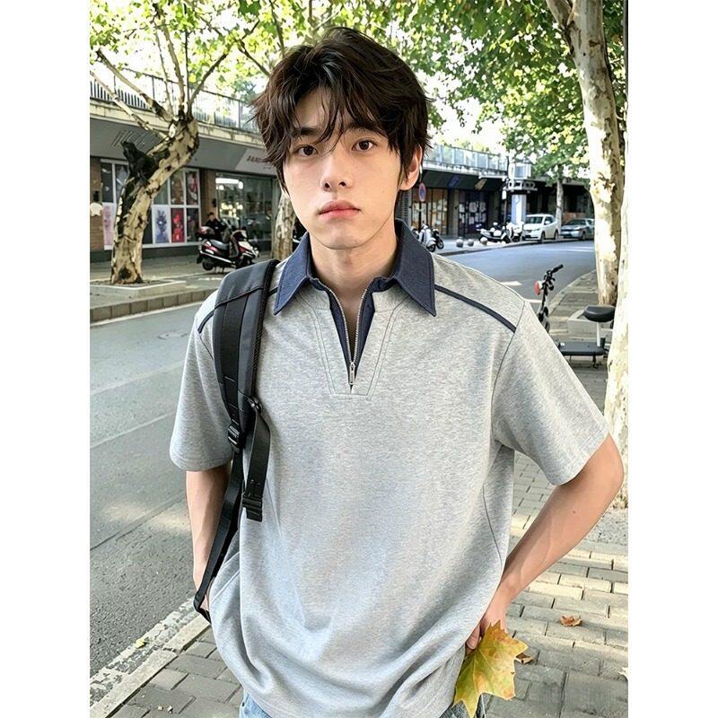 男款牛仔拼接老钱风休闲宽松短袖拉链翻领T恤韩版简约潮牌POLO衫