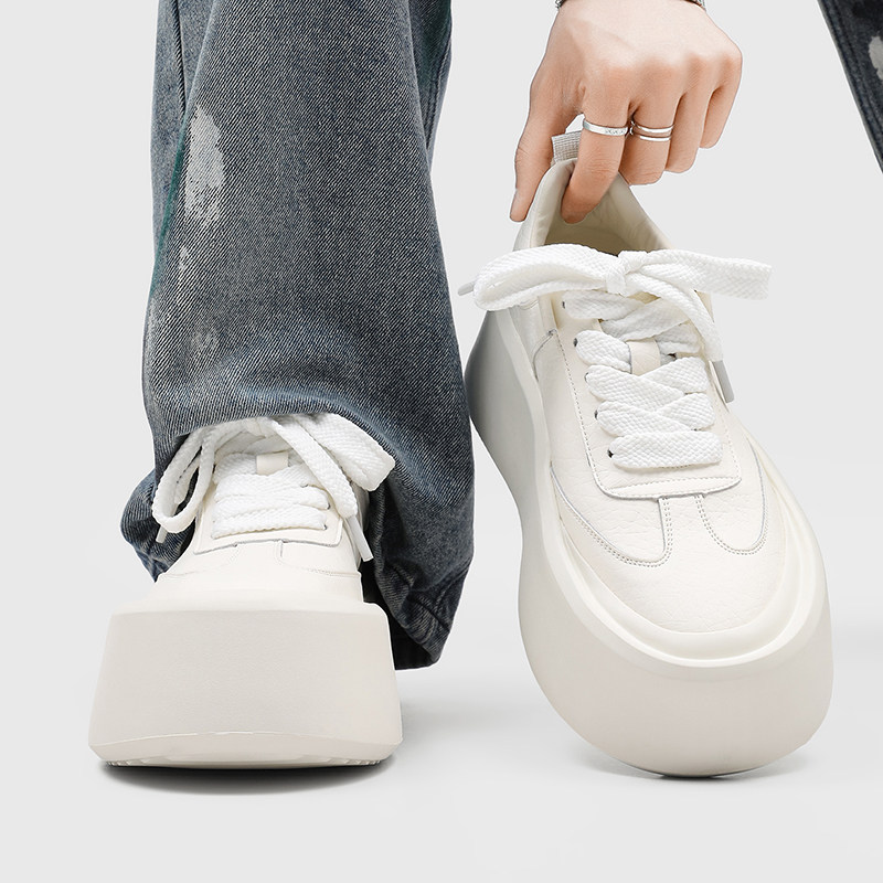 5CM增高厚底板鞋男学生青年款百搭松糕底大头饼干简约小白鞋潮男