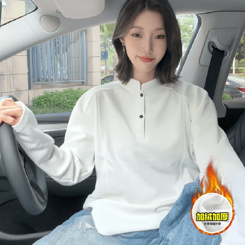 男士白色亨利领无帽卫衣曼巴棉拼接高街cleanfit重磅加绒长袖T恤