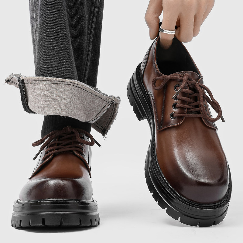 棕色德比鞋男款真皮英伦复古大头休闲皮鞋厚底增高工装低帮马丁靴