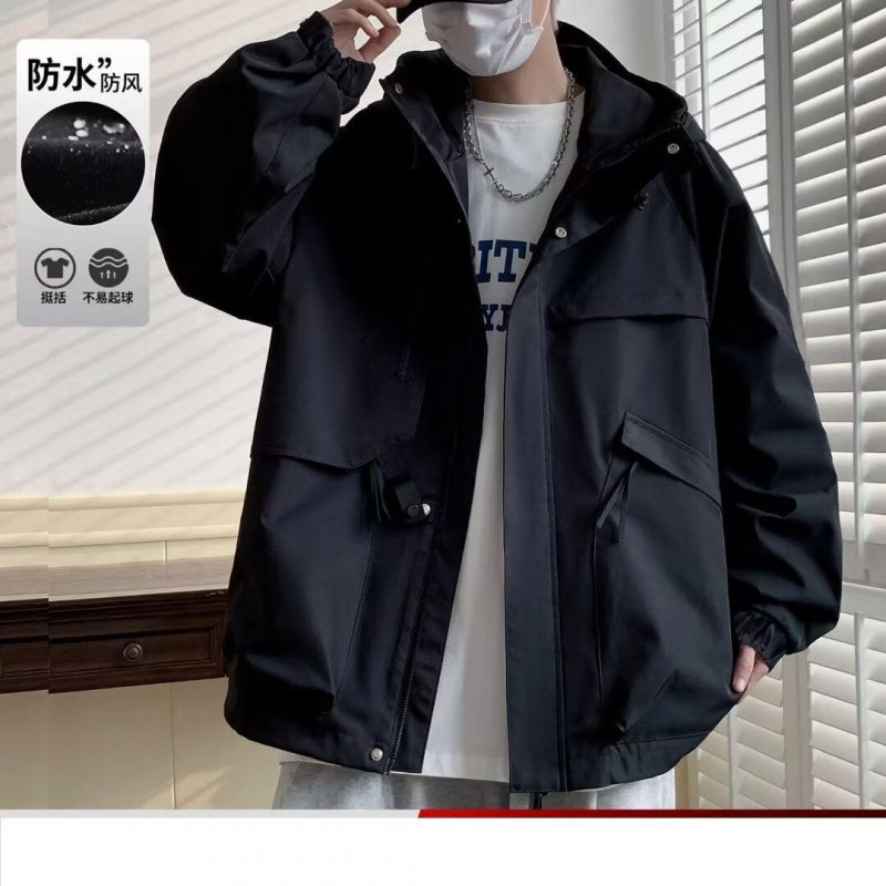 秋季新款男士连帽冲锋衣机能工装夹克外套痞帅潮牌宽松版型纯色