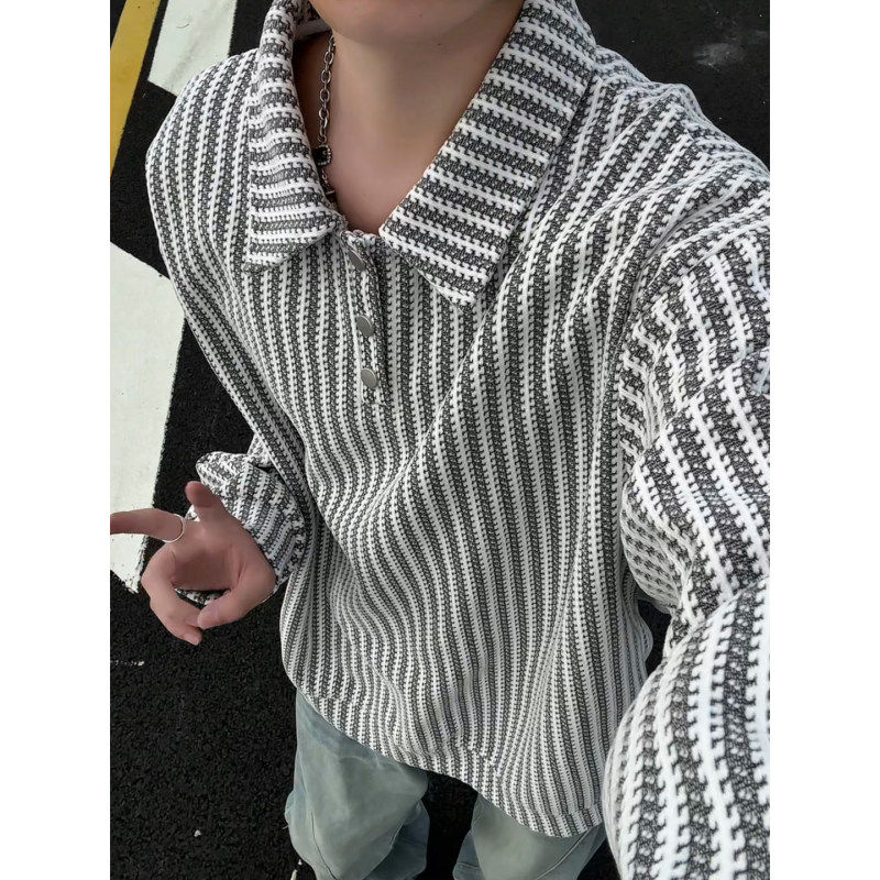 美式复古雪尼尔polo领卫衣男宽松重磅条纹针织衫加绒翻领外套秋冬