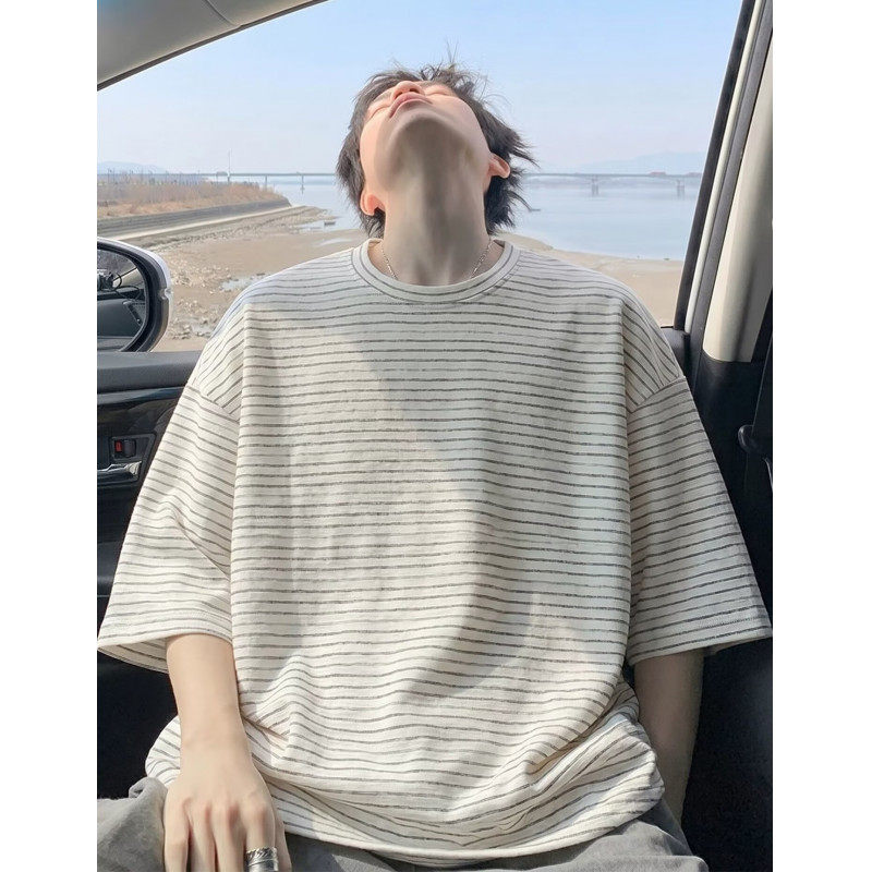 男士经典条纹宽松圆领重磅纯棉透气短袖T恤韩版休闲日系百搭T恤衫