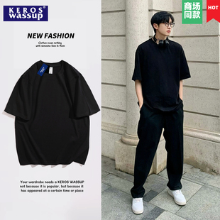 cleanfit黑色痞帅高级感t恤男款美式正肩修身短袖重磅夏季半截袖