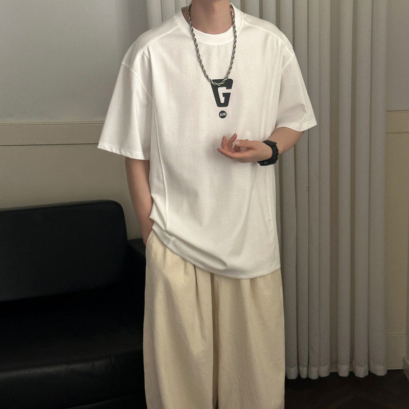 夏季男士宽松印花短袖T恤圆领白色潮牌简约百搭潮流个性韩版体恤