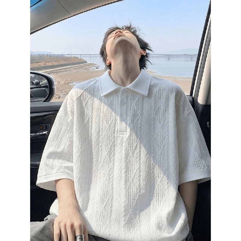 男士翻领针织肌理网孔透气纯色宽松T恤韩版老钱风休闲潮牌POLO衫